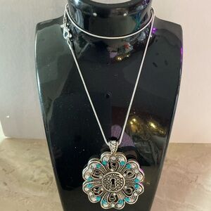 Vintage Silver and Turquoise Filigree Pendant Necklace